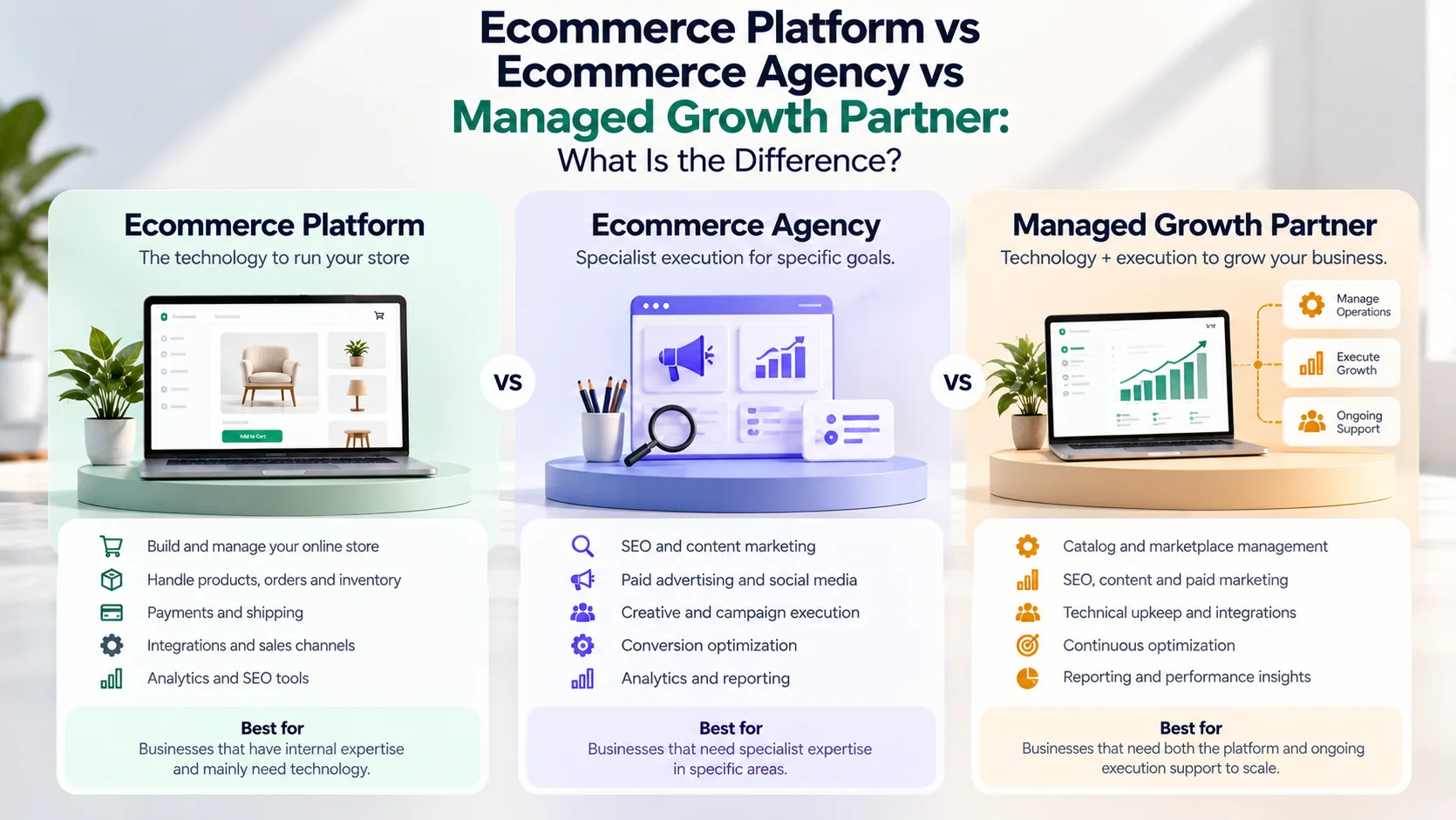 Ecommerce Platform vs Ecommerce Agency vs Managed Growth Partner: What Is the Difference?